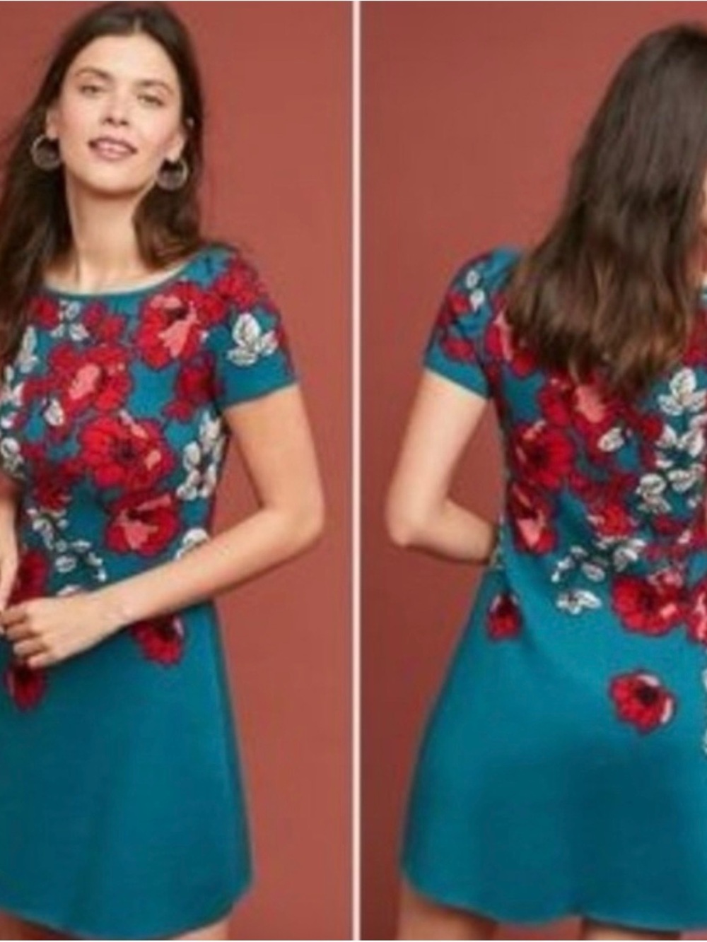Maeve by Anthropologie Teal Knit Short-Sleeve Dress in Teal with Red Accents